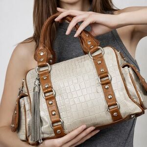 Vintage Croc Embossed Handbag Brown Cream Studded Shoulder Bag Y2K Style